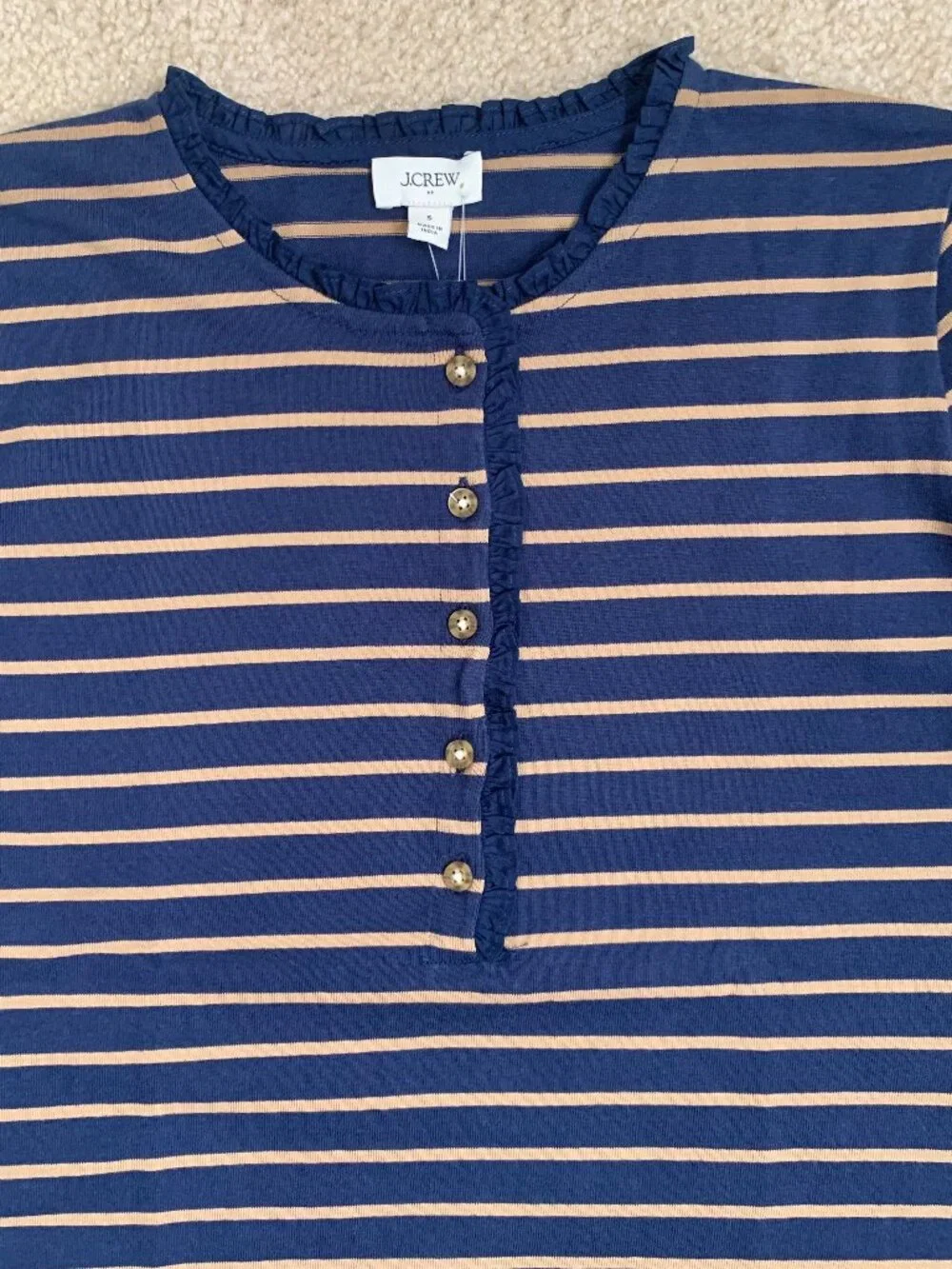 NWT J. Crew Factory Striped Ruffle-Collar Henley LS Top, Navy/Camel, Small